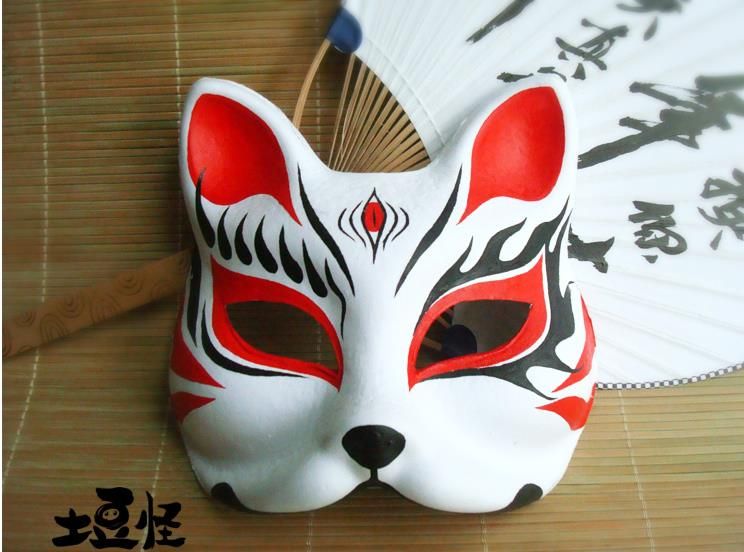 Hand Painted Upper Half Face Japanese Fox Mask Anime Black ...