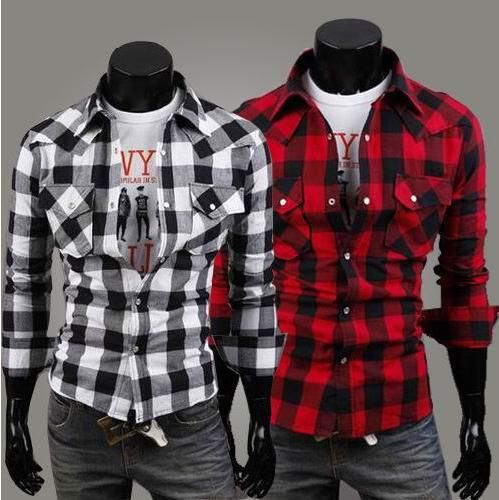 Fashion Male Blouse Autumn Spring Blue Plaid Shirt Men