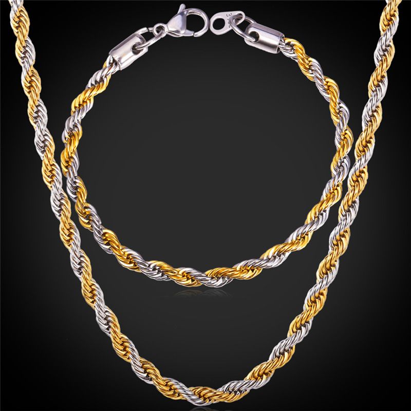 U7 Two Tone Gold Plated Rope Chain Necklace Set Party Jewelry 18K Real