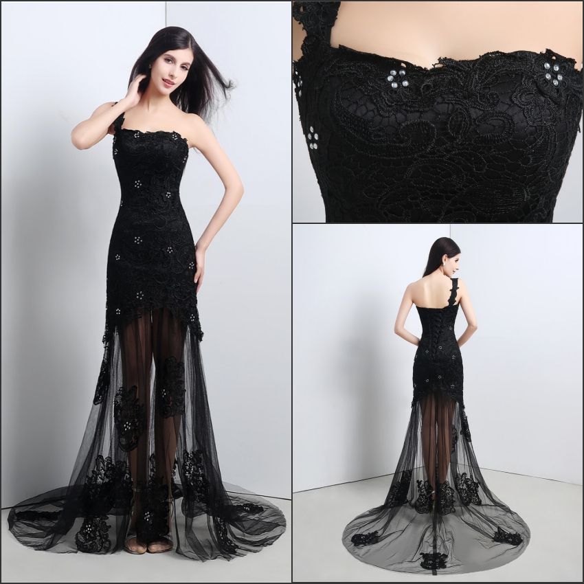 Sexy See Through Dress For Prom Black One Shoulder Applique ...