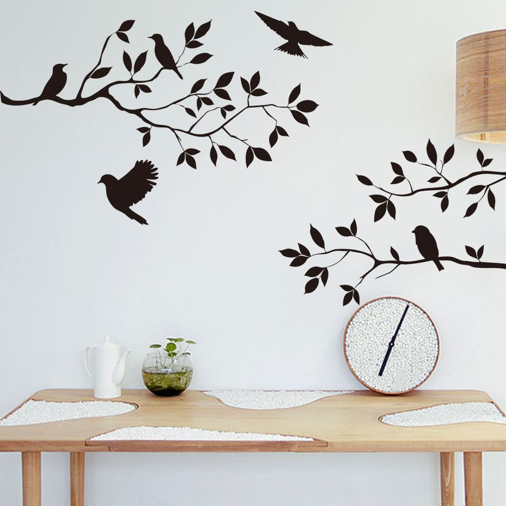 Black Bird  And Tree Branch Leaves Wall  Sticker  Decal  