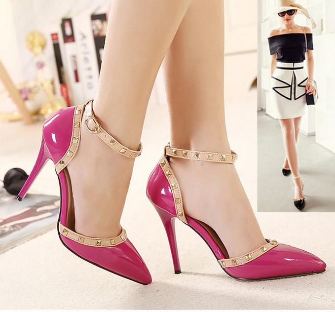 Women's Thin High Heels Pointed Toe Boots Leather Studded Buckle Straps Ankle Booties Women's Thin High Heels Pointed Toe Boots Leather Studded Buckle Straps Ankle Booties