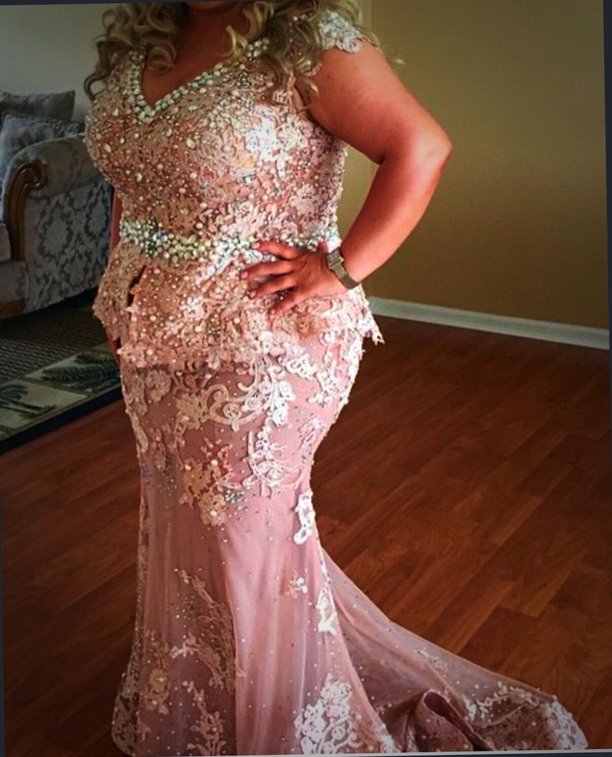 Tulle with Beaded Long Dresses Pearl Pink Plus Size