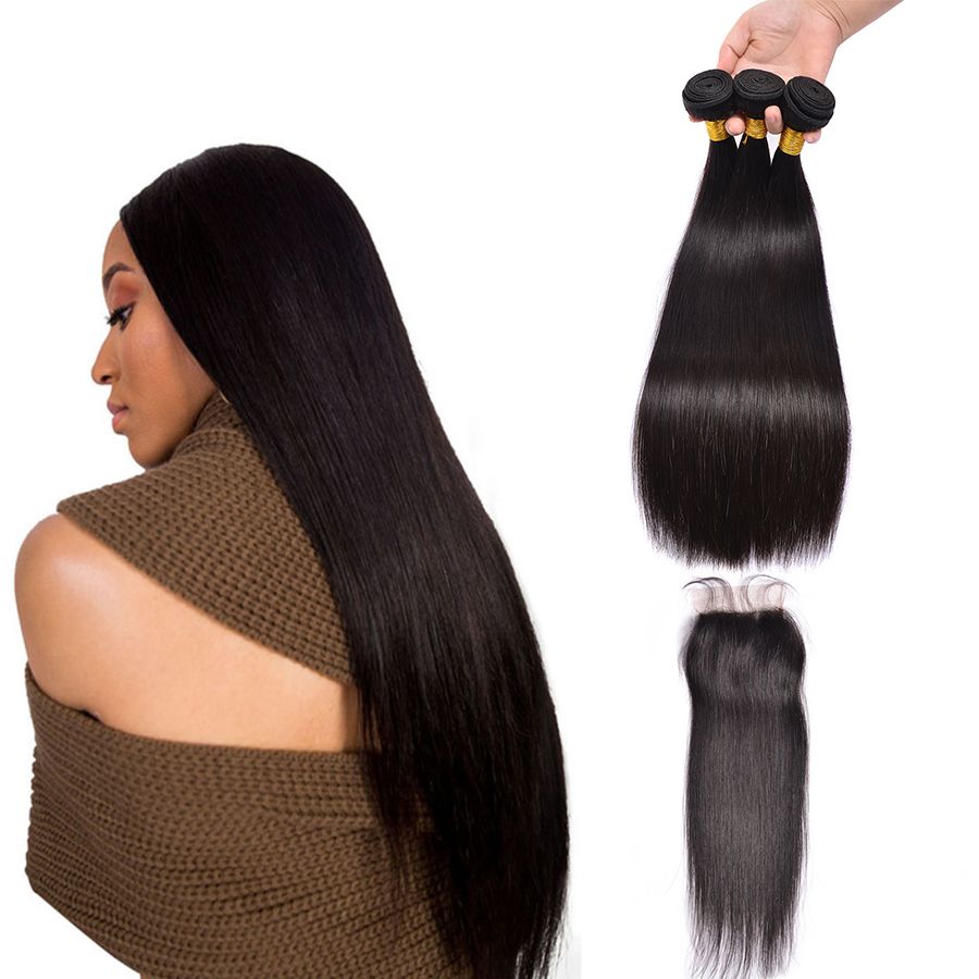 Brazilian Straight Hair Weaves With Top Lace Closure Unprocessed