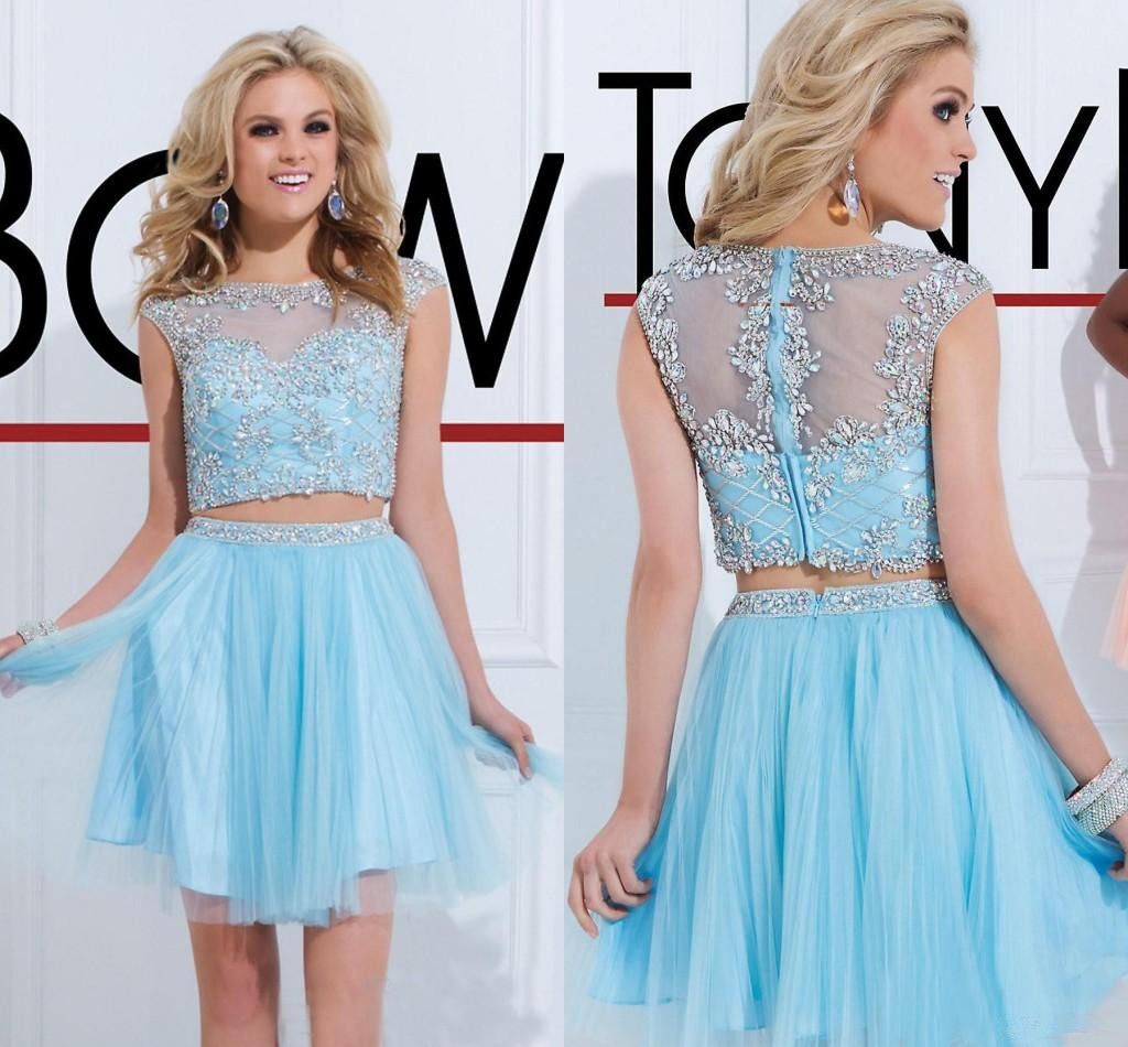 Two Piece Sexy Baby Blue Cocktail Dress 2015 Short Length Jewel Mini ...