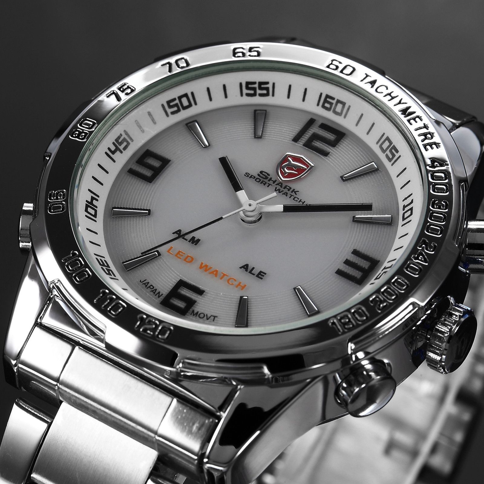 Luxury SHARK Analog LED Alarm Silver Stainless Steel Folding Buckle Band Waterproof White Mens