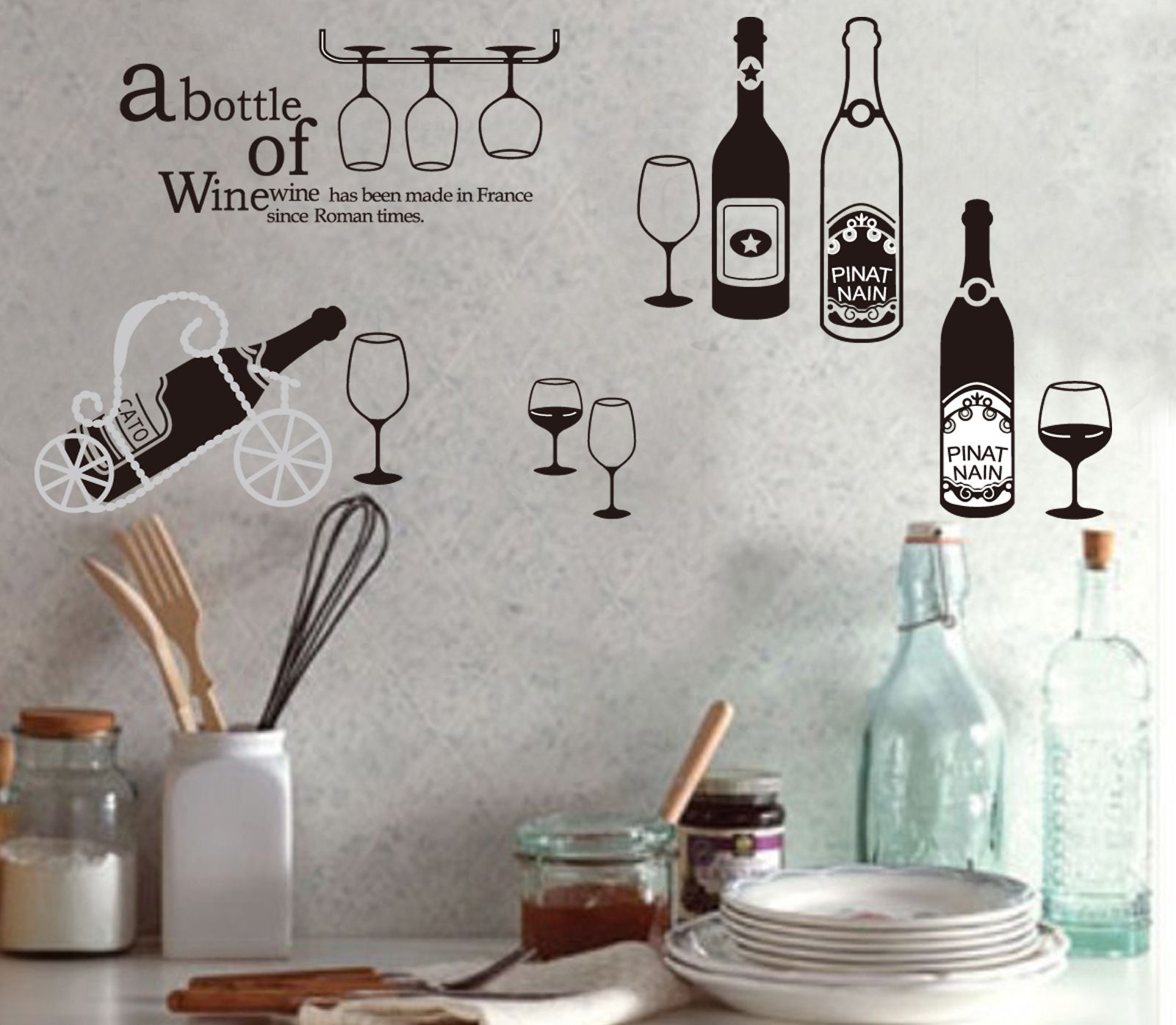 Black Wine Bottles Wall Art Mural Decor Wine Bottle Shelves Wine Glass
