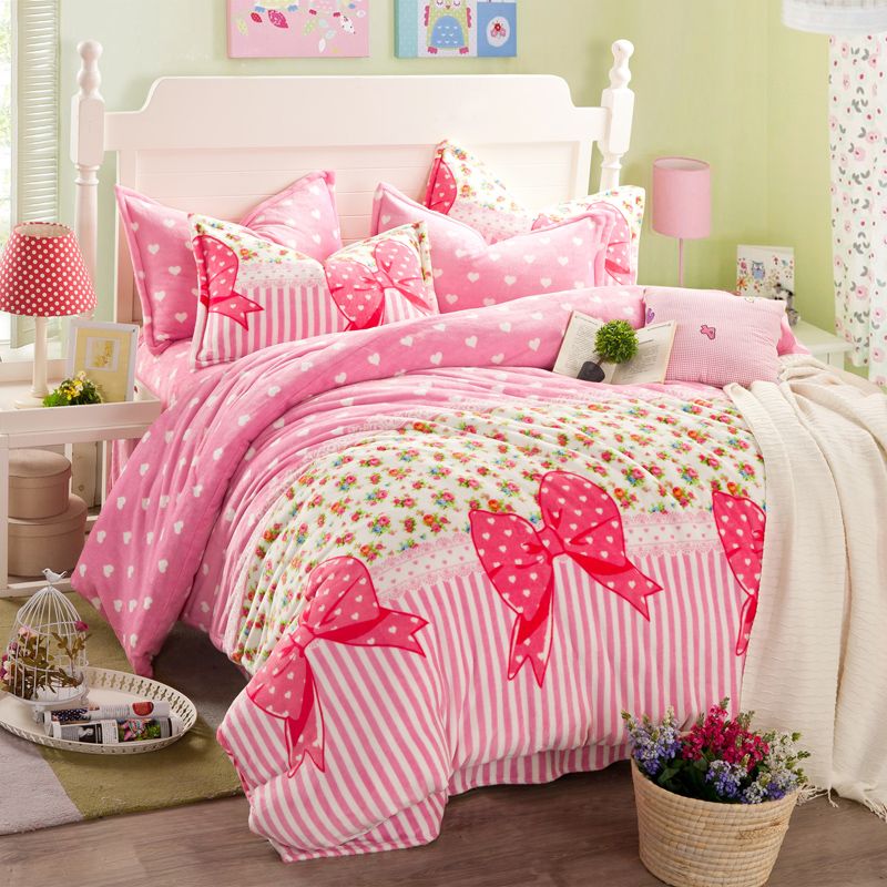 princess bowknot duvet cover bed sheets sets flannel girls bedding pink twin sheets
