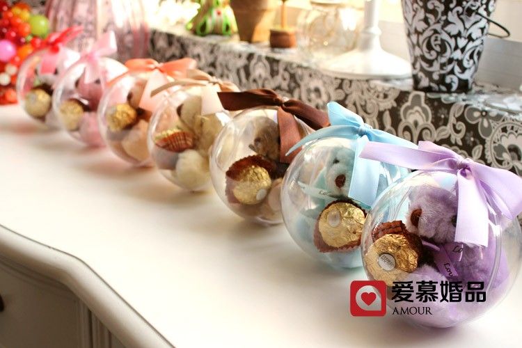 10 CM Clear Crystal Ball Candy Box TEDDY BEAR Round Wedding Gift Boxes Sweet Box Ribbon Bowknot