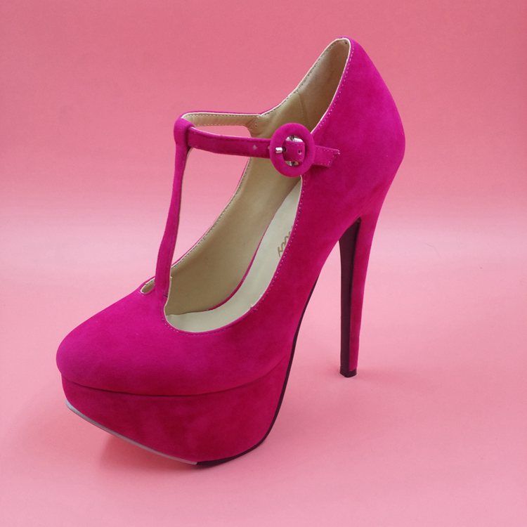 Hot Pink T Strap Dress Shoes Suede Faux Leather Round Toe Pumps ...