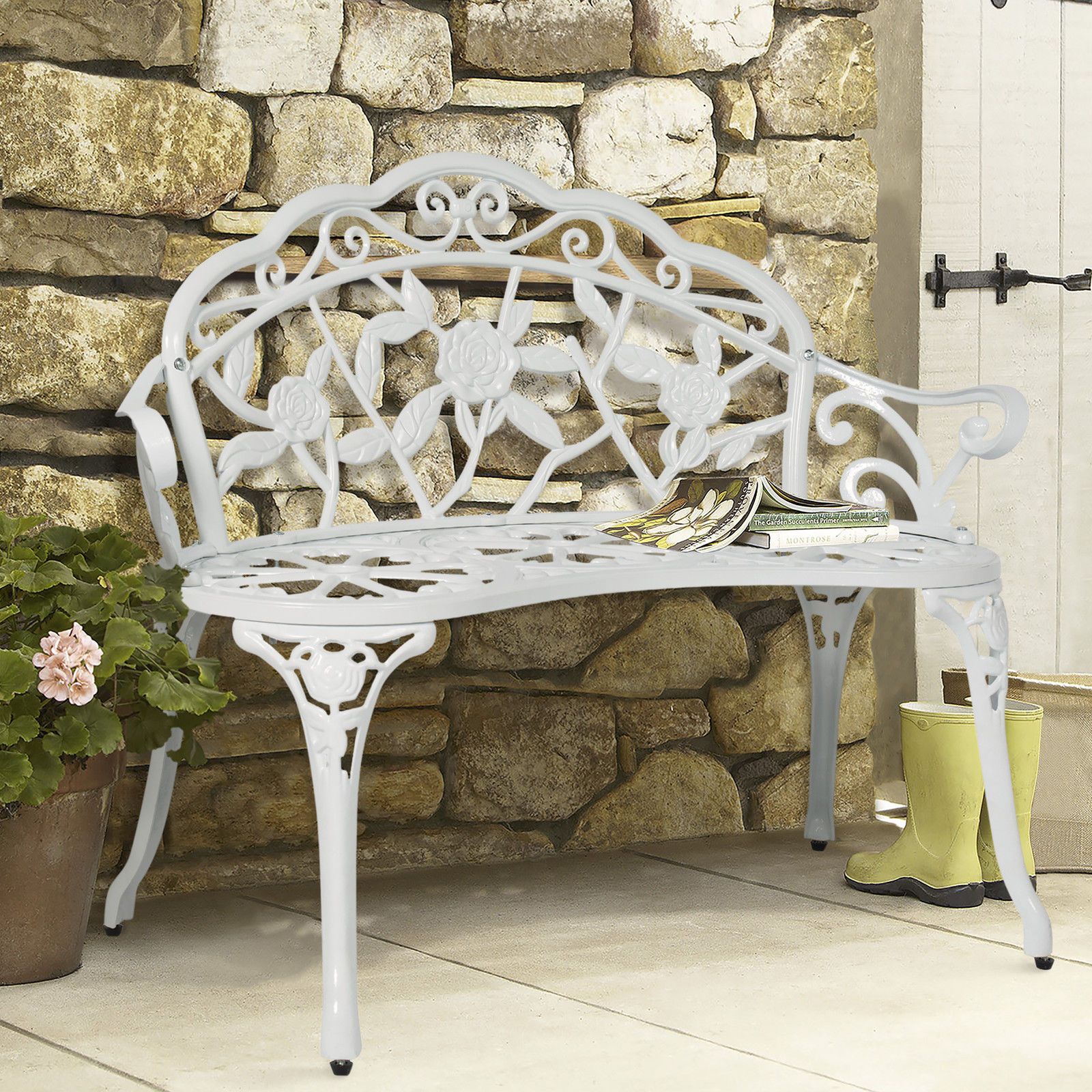 Bcp Outdoor Patio Garden Bench Park Yard Furniture Cast Iron Antique Rose White