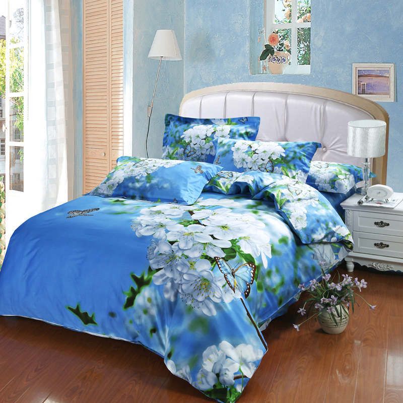 2018 fresh white pear flower butterfly bright blue color background bright blue sheet set