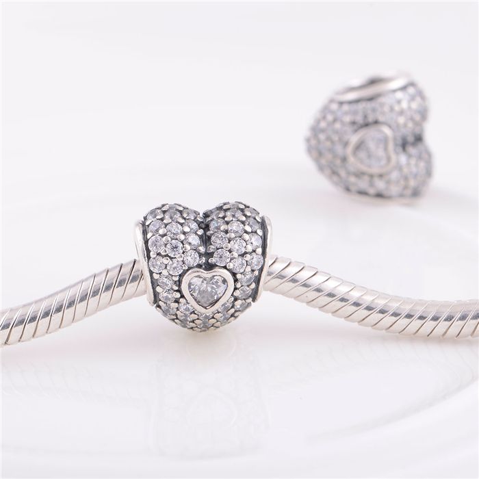 Autentico argento sterling 925 pavimenta tripla perla cuore con cristallo bianco adatto europeo Pandora gioielli perline di fascino bracciali
