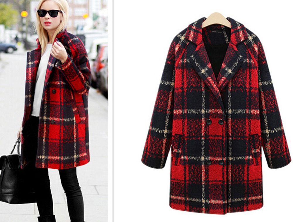 Autumn Winter Plaid Blazer Women Casual Work Jacket Coat