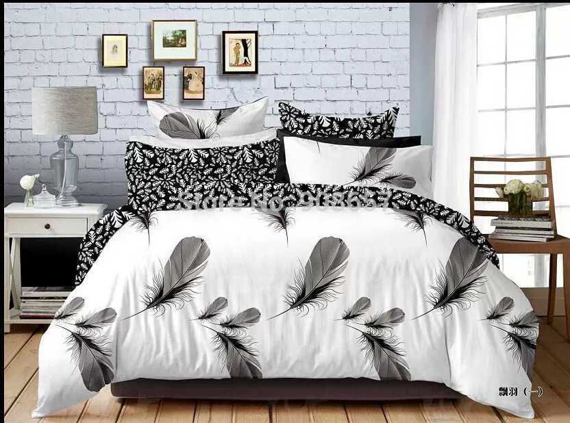 2019 Black White Feather Print Bedding Set Boys Gentleman