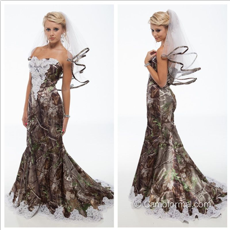 Unique Realtree Camo Wedding Dress Sweetheart With White Bead Lace