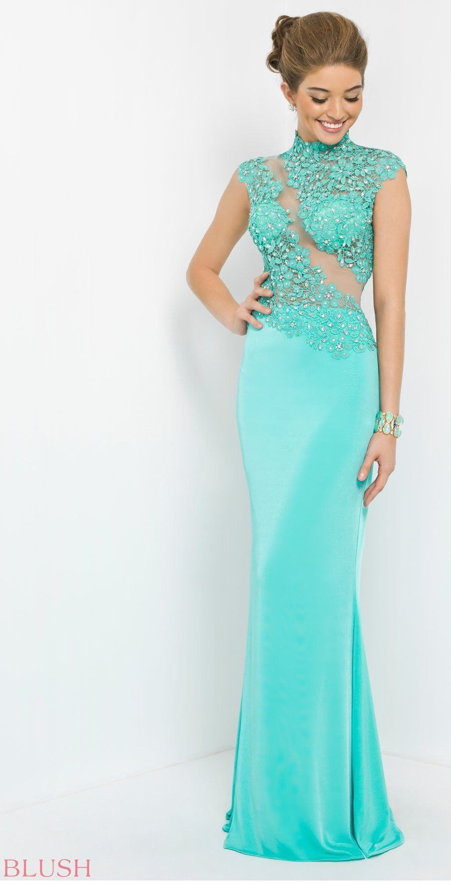 Compra Aguamarina Rubor Vestidos De Fiesta 2015 Sexy Cuello Alto Mangas  Cortas De Encaje Apliques De Cuentas De La Cremallera De La Espalda Fomal  Vestidos De Noche De La Longitud Del Piso