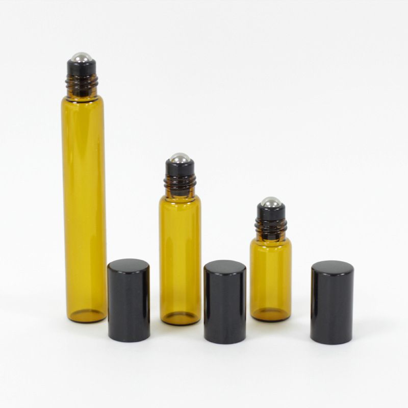 Portable de 10ml mini rouleau sur des lunettes bouteilles parfums parfum ambre brun en verre d'épaisseur d'huile essentielle bouteille en acier métal rouleau boule B813