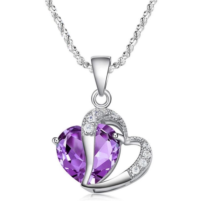Whole 925 Silver Plated Purple Crystal Heart Pendant Necklace Whole 925 Silver Plated Purple Crystal Heart Pendant Necklace With 18inch Water Wave Chains Party Jewelry Key Long