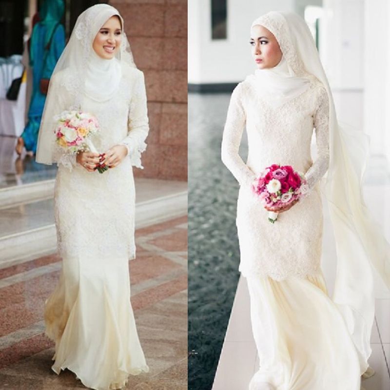 2015 Modest High Quality Muslim Wedding Dresses Sheath High Neck Long ...