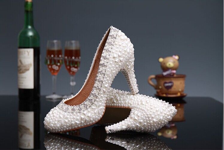 Luxury Pure White Pearl Wedding Shoes 3 Inches Comfortable Round Toe ...