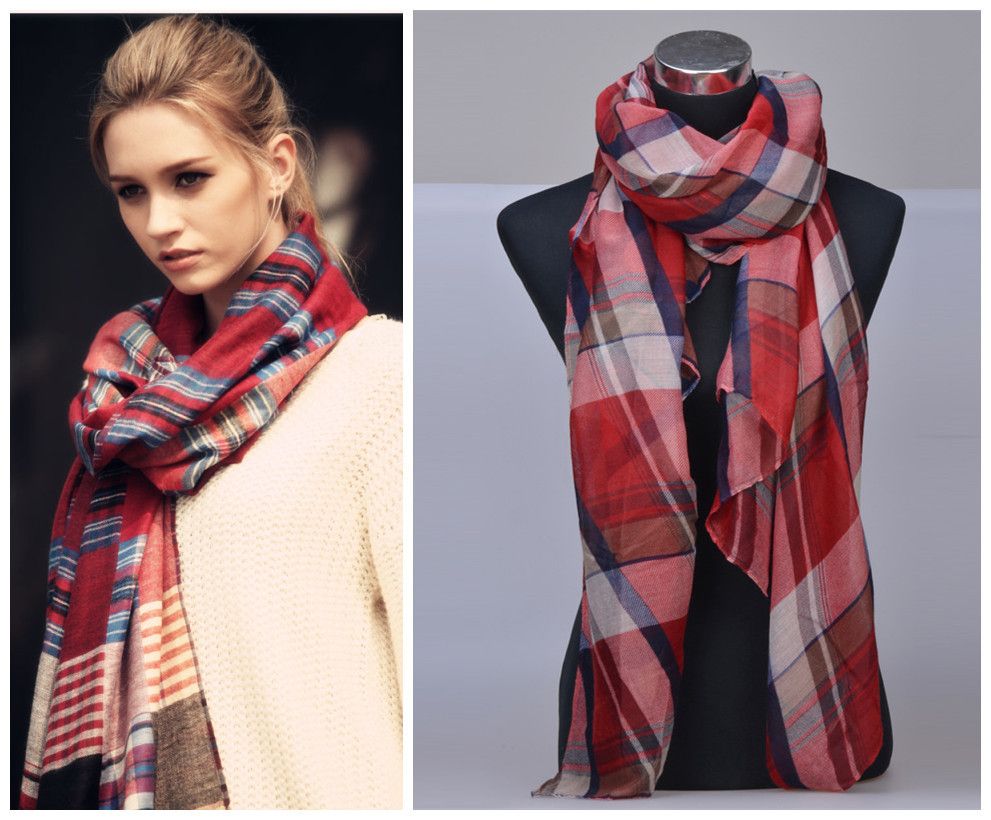 180*90cm, Fashion Vintage England Classic Big Plaid Scarf Cotton Voile Unisex Scarves Plaid