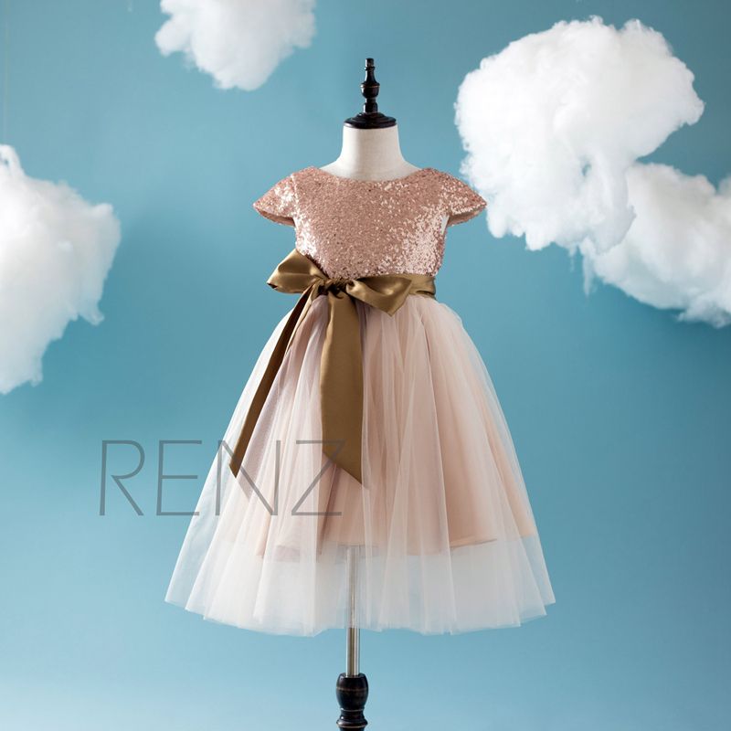 Rose Gold Sequins Girls Pageant Dresses Kids Formal Wears Tea Length Flower For Wedding Party Dress Custom Size 2016 New Rose Gold Sequins Girls Pageant Dresses Kids Formal Wears Tea Length Flower For Wedding Party Dress Custom Size 2016 New