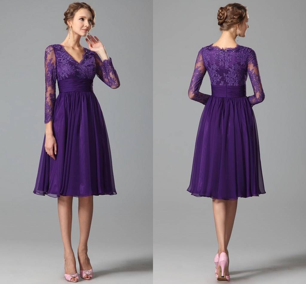 New Purple Party Dresses For Women With Long Sleeve Prom A Line Chiffon ...