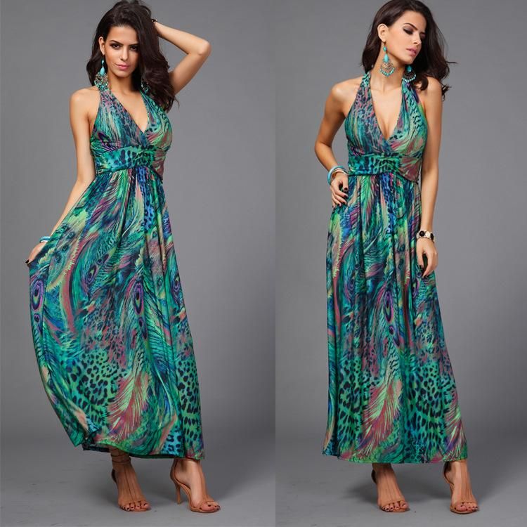 Multicolour Peacock Blue Bohemia Style V Neck Summer Long Dress V Neck ...