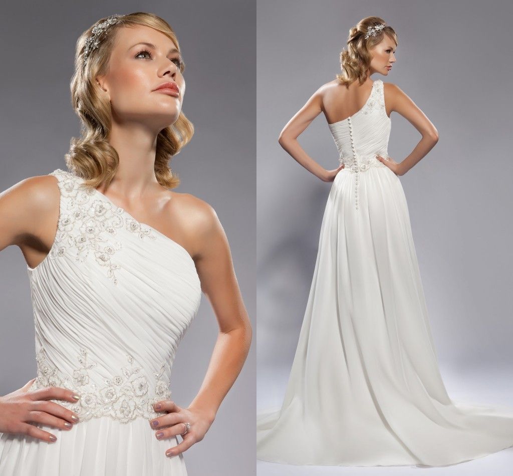 Vintage 2015 One Shoulder Wedding Dresses A Line Appliqued Sleevelss ...