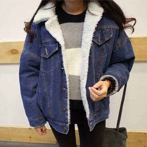 Korean Women Denim Jacket With Lamb Fur Lapel Collar Oversized ...