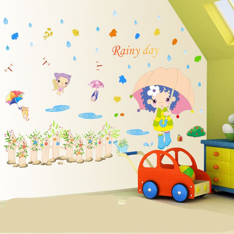 Grosshandel Schone Madchen In Der Regnerischen Wandkunst Aufkleber Sticker Cartoon Regentag Wandbild Poster Dekor Kinderzimmer Kinderzimmer Wand Dekoration Papier Von Magicforwall 1 58 Auf De Dhgate Com Dhgate