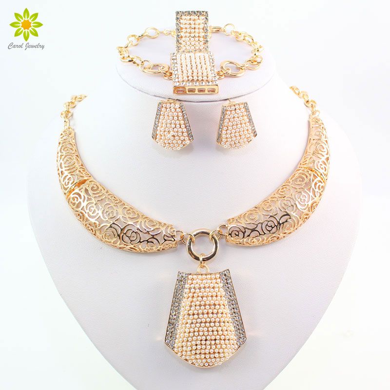 High Quality African Costume Jewelry Set 18K Gold Plated Pearl Crystal