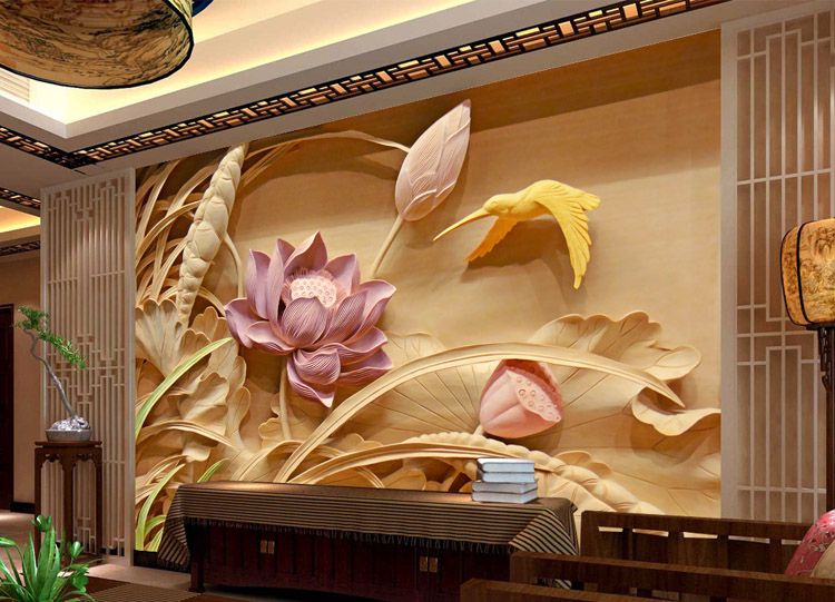 3D Woodcut Lotus Flower Wallpaper Personalized Custom Wall Murals Photo