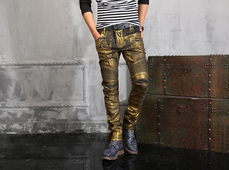 Buy Dropshipping Mens Jeans Online, Cheap Mens Destroyed Denim Biker Jeans INCREDI BALMAIN Tyrant Gold Coating Draping Slim Jeans Men Straight Jeans By Super_sharing | DHgate.Com