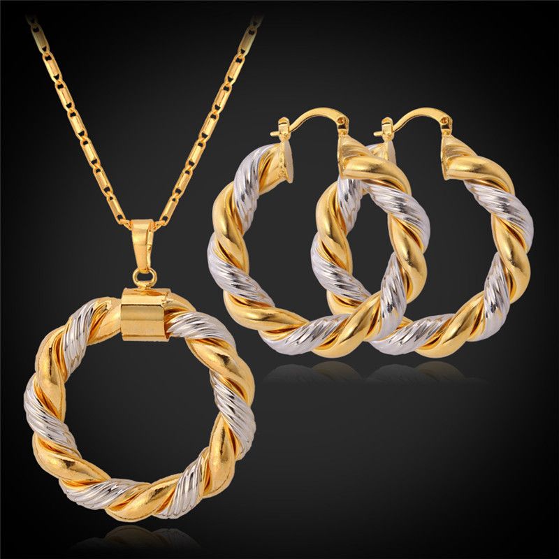 2019 U7 Two Tone Design Necklace Earrings Platinum/18K Real Gold Plated Trendy Round Pendant ...