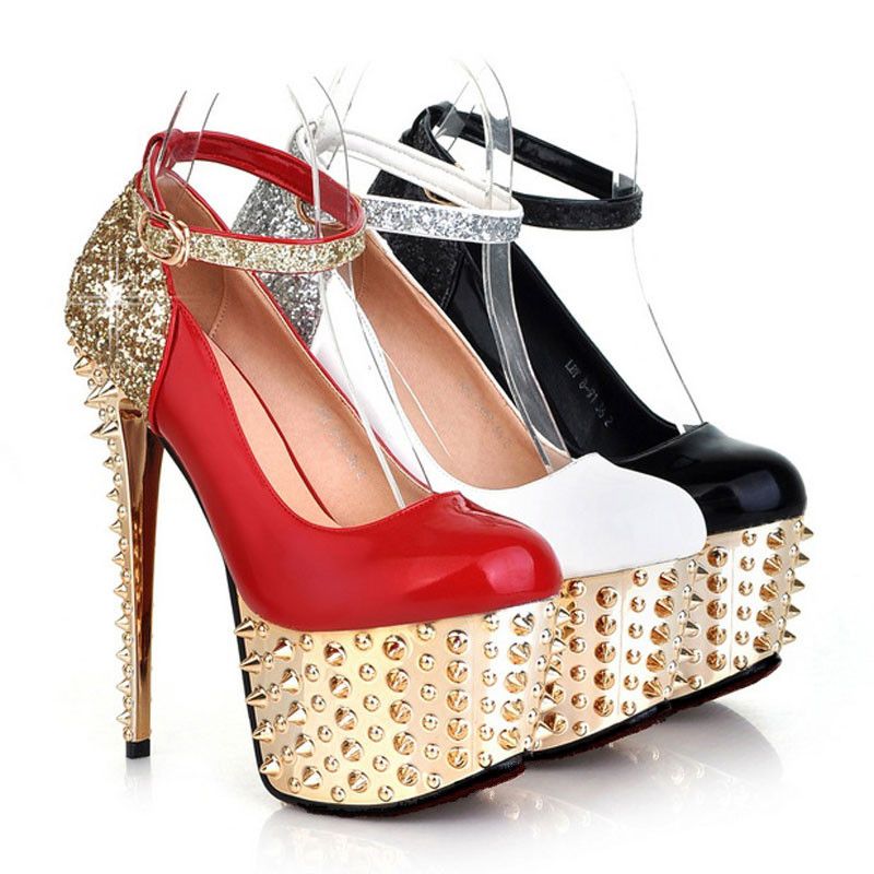 Bling Bling Cheap Wedding Shoes Pu Pumps Shoes Gold Rhinestone Leather 6.5 Inches High Heels 