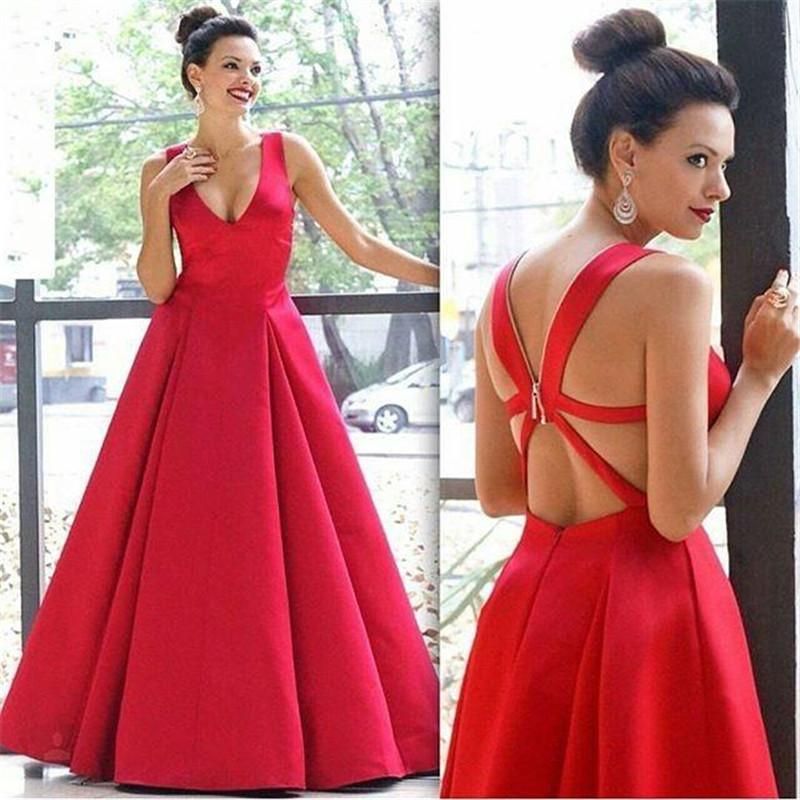 Red Sexy Plunging V Neck Ball Gown Prom Dresses Backless Satin Full Length Formal Evening Gowns Red carpet Celebrity Dress