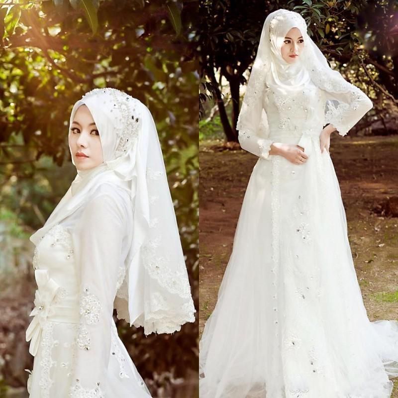 Acheter 2019 Musulman Terbaru Robes De Mariée Hijab Veil Perles Brillantes Cristaux De Tulle Dentelle Robes De Mariée Manches Longues Balayage Train Robes