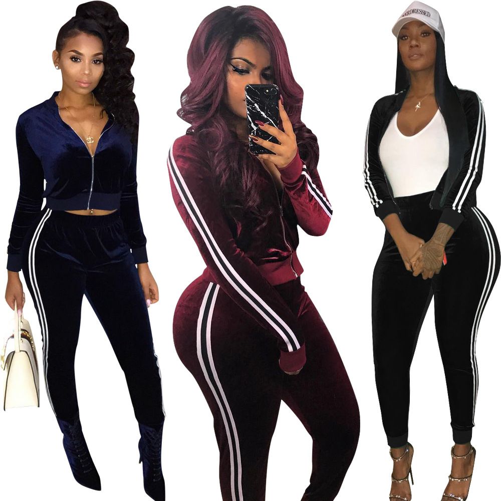 Longues Ensembles Noir Chaude Vente 2018 Manches Deux Pièces Zipper Long Sport Survêtement Bourgogne Manteau Pantalon Velours Poches Et Bleu Femmes OPilXuwkZT