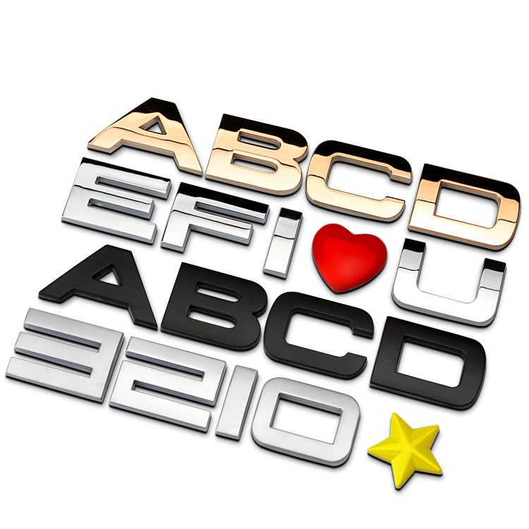 30mm black gold letter and numbers metal chrome car emblem badge 3d letter emblems