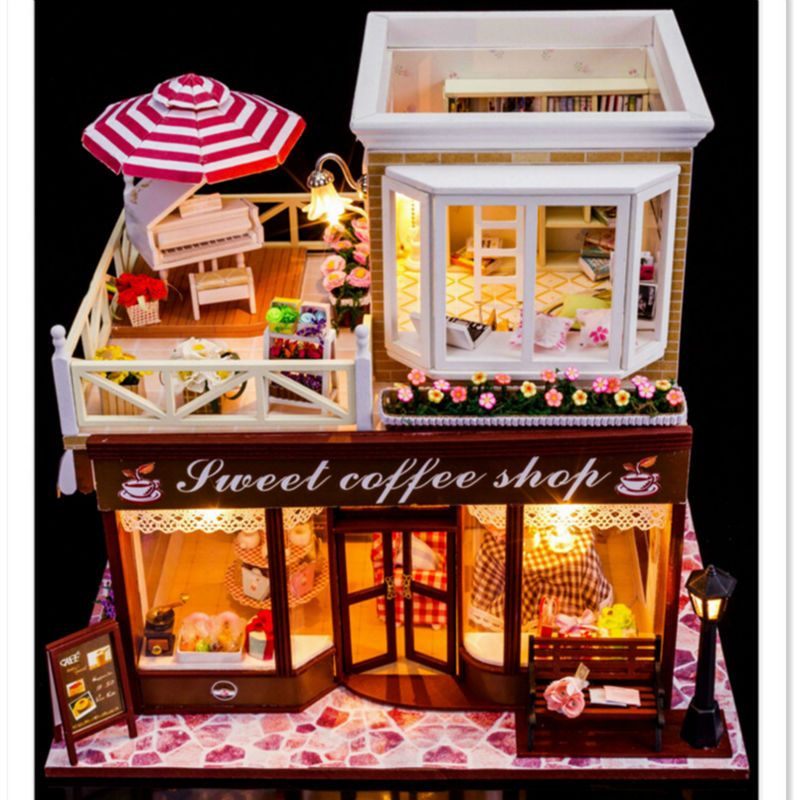 2016 New Sweet Coffee Shop Diy Wooden Miniatura Doll House With Furniture, Handmade Big Doll 