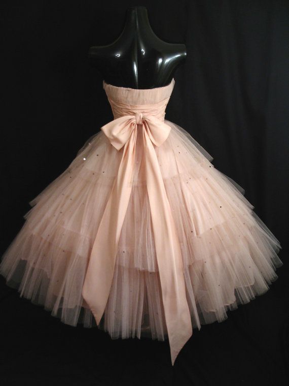 Vintage 50s Shell Pink Prom Dresses Strapless Layered Tulle Sequins Tea ...