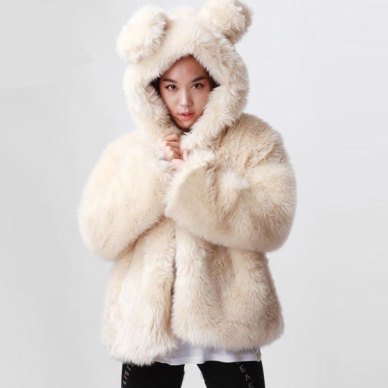2019 2017 White Winter Warm Faux Fur Coat Women Jacket With Rabbit