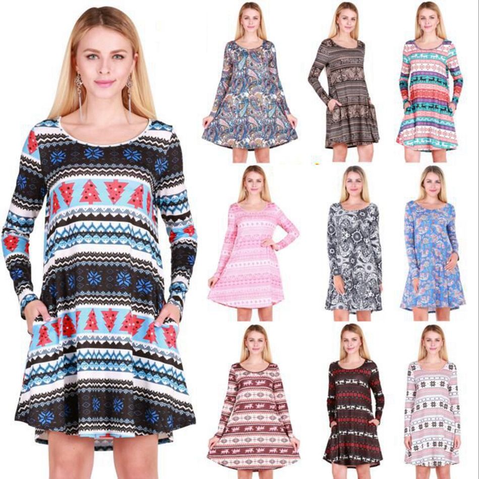 Evening Party Mini Dress Women Christmas Print Santa Claus Long Sleeve Dress