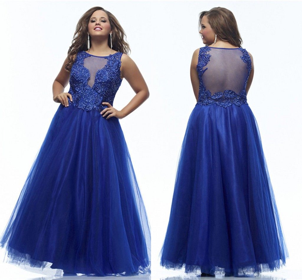 Plus Size Prom Dresses 2015 Scoop Neck Sheer Back Sleeveless Royal ...