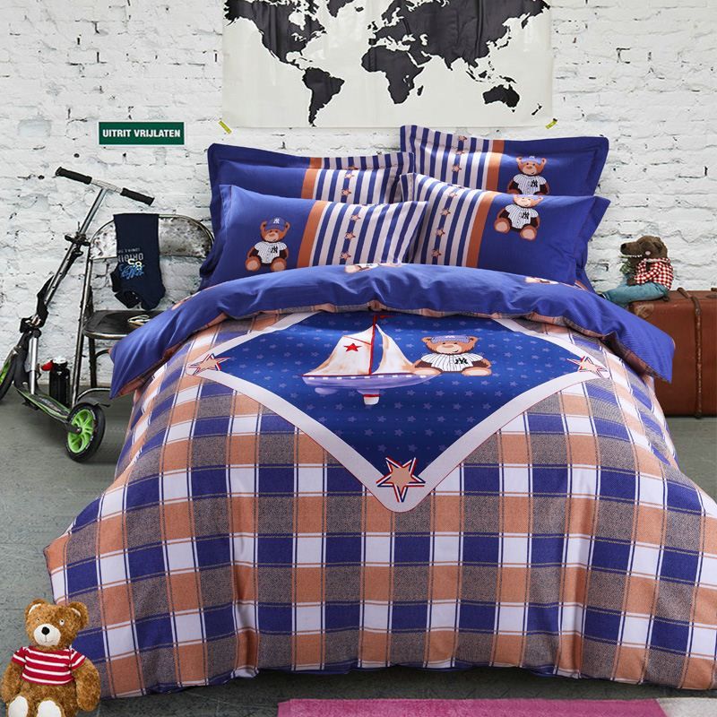 Teddy Bear Bedding Set Bed Cover Plaid King Queen Size Double Quilt Teddy Bear Bedding Set Bed Cover Plaid King Queen Size Double Quilt Duvet Blue Kids Sheet Bedspreads Linen Cartoon Cotton Thick Western Linens