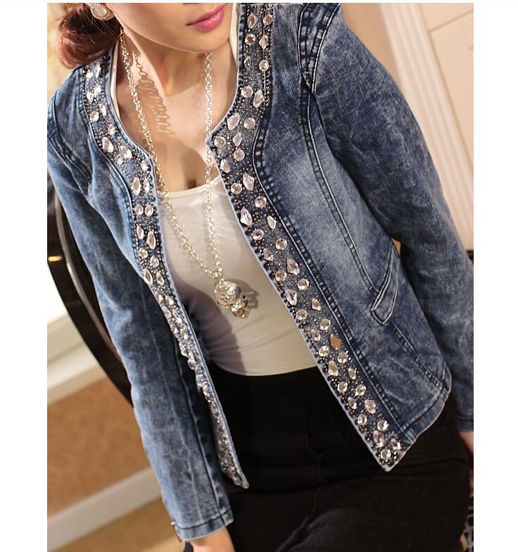 New Top Quality Spring Autumn Retro Diamond Sequined Jeans Jackets