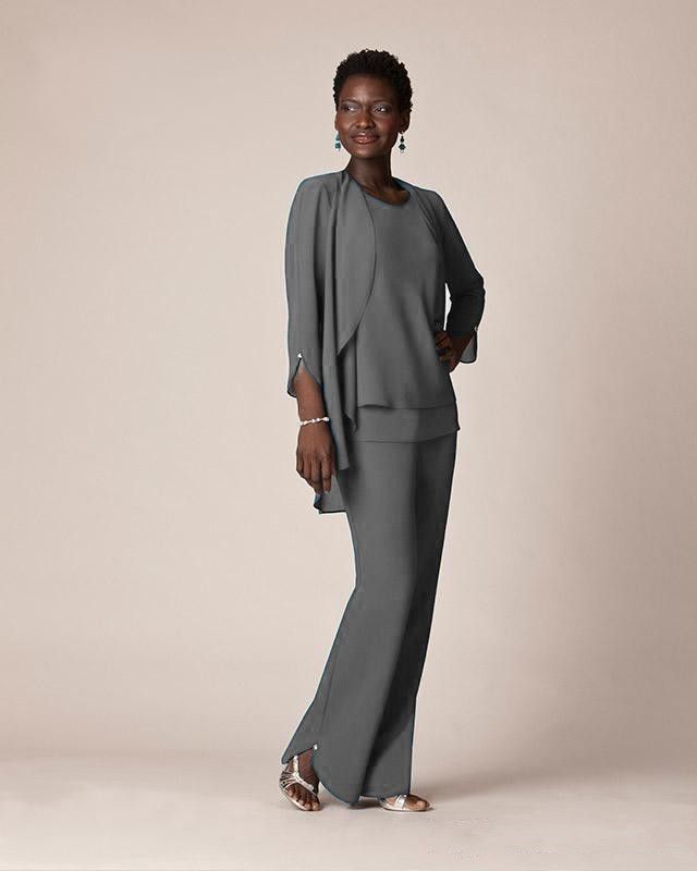 Elegant Grey Chiffon Formal Pant Suits 