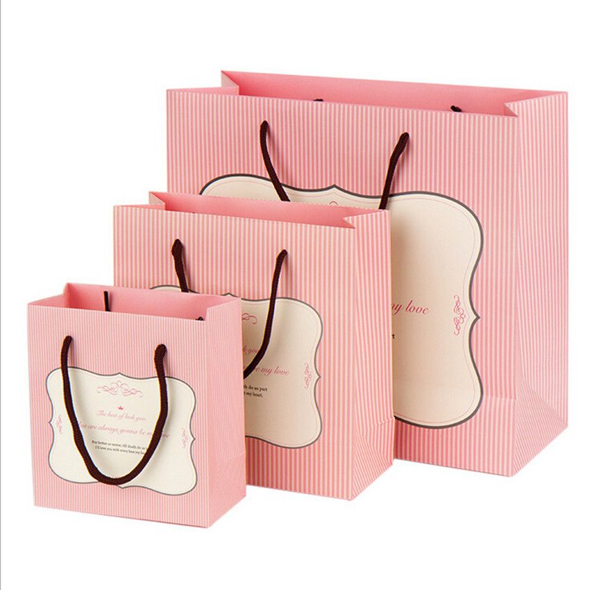 Fashion White Cardboard Gift Bags Korean Cute Pink Striped Birthday